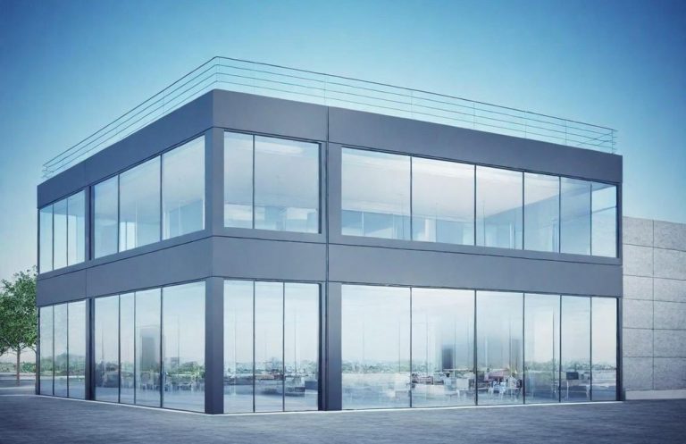 Two-story glass and steel commercial building