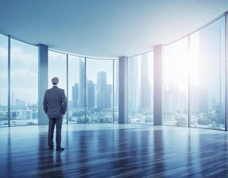 “Man standing in an empty office space with floor-to-ceiling windows overlooking a city skyline”