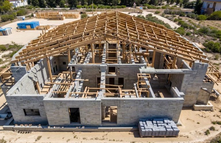 New home under construction with concrete walls and wood trusses